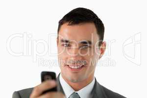 Close up of businessman writing text message