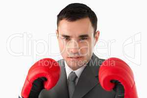Close up of businessman wearing boxing gloves