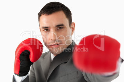 Close up of businessman with boxing gloves slamming