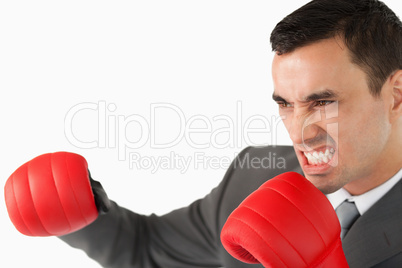 Side view of aggressive businessman with boxing gloves