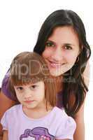 Beautiful happy mom with her daughter isolated on white