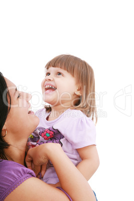 Mother and daughter smiling isolated over a white background. Fo