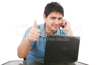 smart guy with a laptop isolated on white