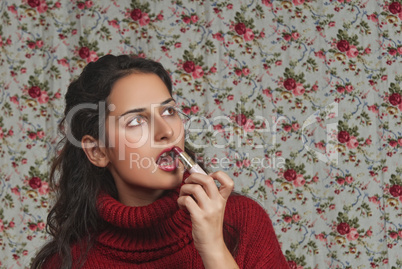 Woman with lipstick with floral background