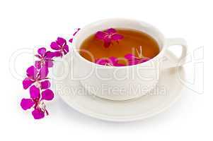 Herbal tea in a white cup with fireweed