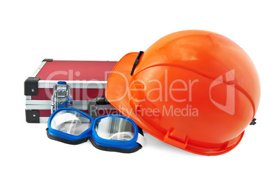 Orange helmet, suitcase and goggle