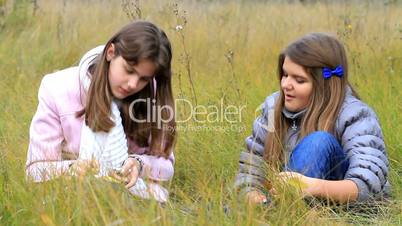 teen girl collects autumn leaves.