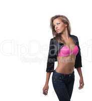 Sexy woman posing in rose bra and black jacket