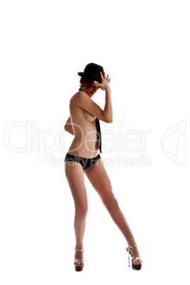 Tall sexy red woman dance striptease isolated