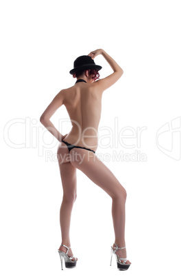 Young sexy red woman dance striptease in hat