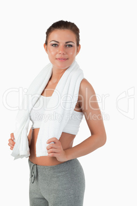 Side view of woman with towel around her neck