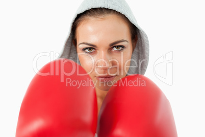 Female boxer wearing hoodie