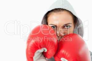 Female boxer with hoodie sweater on