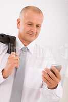 Mature businessman hold phone close-up portrait