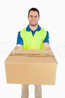 Smiling young delivery man handing over parcel