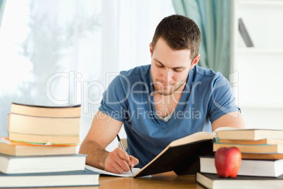 Student working through his books