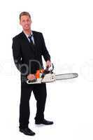 Businessman with chainsaw