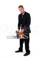 Businessman preparing his chainsaw