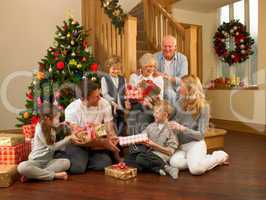 Family exchanging gifts in front of Christmas tree