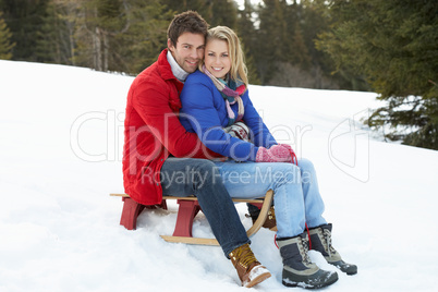 Young Couple On A Sled  In Alpine Snow Scene