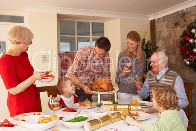 Family serving Christmas dinner