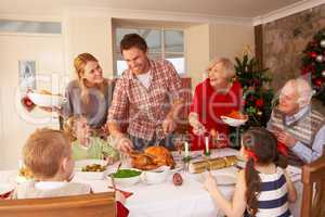 Family serving Christmas dinner