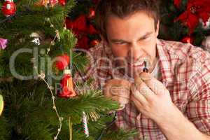 Young man trying to fix Christmas tree lights