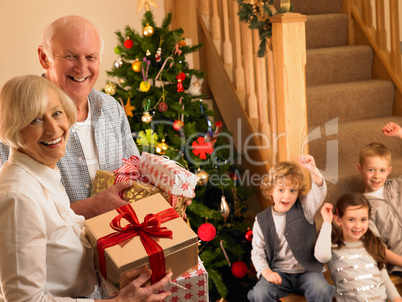 Senior couple with grandchildren at Christmas
