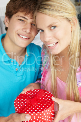 Teenage boy giving gift to girl