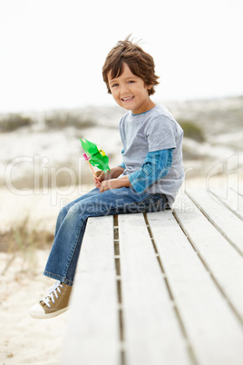 Young boy on beach with windmill