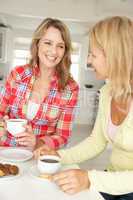 Mid age women chatting over coffee at home