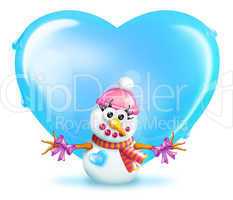 Cartoon Girl Snowman in Front of Ice Heart