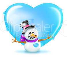 Cartoon Snowman in Front of Ice Heart