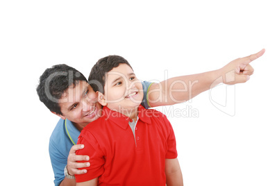 Portrait of a happy young father showing something intersting to
