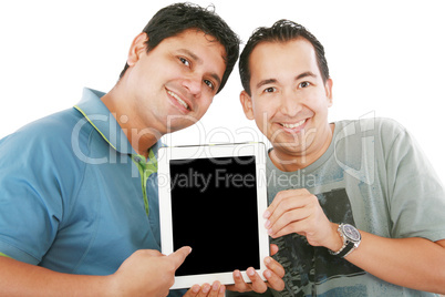 Two young men or businessmen showing a tablet PC computer and sm