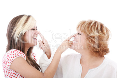 girl and mother profiles, playful woman with nose daughter play
