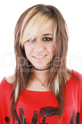 Head and shoulders portrait of an attractive young woman with wi