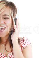 pretty casual brunette is listening to music on white background