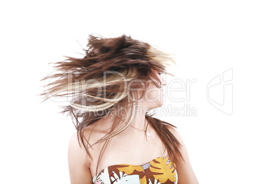 Woman with hair billowing on white background