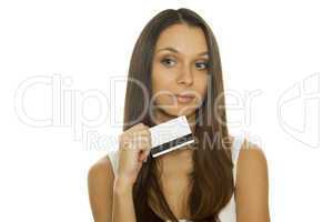 Young woman holding credit card