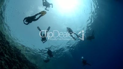 Silhouette of a group of scuba divers