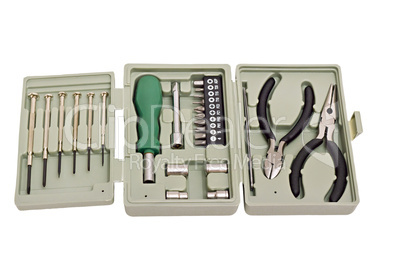 set of tools in plastic box