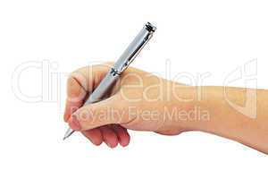 Metallic silver ballpoint pen in a female hand