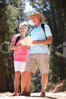 Senior couple reading map on country walk
