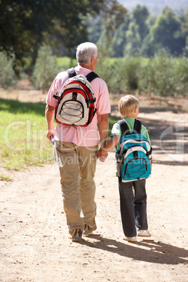 Senior man and grandson on country walk