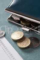 Open purse with till receipt and coins