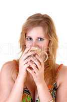 Girl drinking coffee.