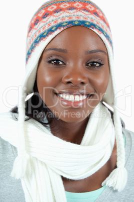 Close up of smiling woman with winter hat on