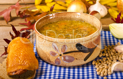 Pea soup (Polish Grochowka) with smoked meat chicken breast