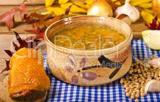 Pea soup (Polish Grochowka) with smoked meat chicken breast